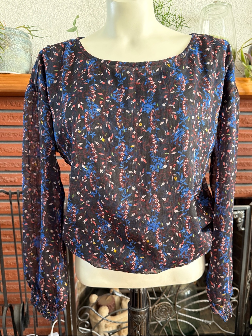 Only Black Floral Long-Sleeve Blouse with Blue & Red Print